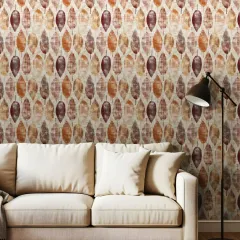 This wallcovering features a repeating leaf pattern in warm, earthy tones of orange and brown. It adds a rustic yet modern touch, creating a cozy and inviting feel in the living room.