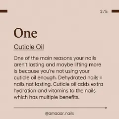 Tip #1: Use cuticle oil! Dehydrated nails are prone to lifting and breaking. Cuticle oil provides essential hydration and vitamins to keep your nails and enhancements lasting longer.