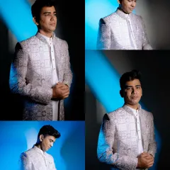 A collection of stylish portraits of the groom. These shots capture his personality and showcase his elegant engagement attire from different angles.