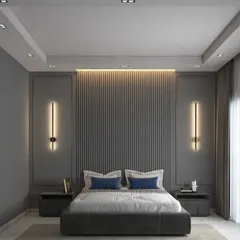 A direct view of the proposed hotel bed design, emphasizing the symmetry and ambient lighting.