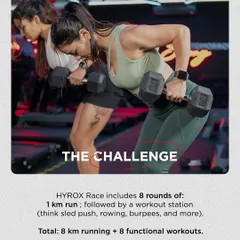The HYROX challenge consists of 8 rounds, each with a 1 km run followed by a functional workout station like sled pushes, rowing, or burpees. That’s a total of 8 km of running and 8 challenging workouts.