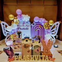 Welcoming baby Prashvita with a magical butterfly theme. This setup features large butterfly wing backdrops, pastel balloon arches, and marquee letters, creating a dreamy atmosphere for a welcome home party.