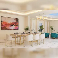 We use 3D renders to help you visualize your future space with complete clarity. This render of a dining area showcases a design with a central skylight, elegant wall paneling, and a mix of neutral tones with bold teal accents, allowing for client feedback before any construction begins.