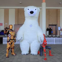 An unlikely team-up! Our Iron Man and Spiderman mascots pose with a giant Polar Bear, showing how we can mix and match characters for a unique and fun event.