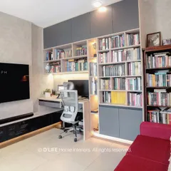 This home office and library combination shows how I integrate function and style. The custom joinery provides ample book storage while creating a dedicated, well-lit workspace within the living area.