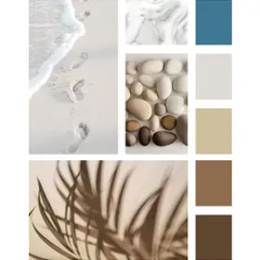 A mood board inspired by the coast. This palette combines sandy beiges, soft blues, and natural textures like pebbles and palm shadows to create a breezy, beach-inspired interior.