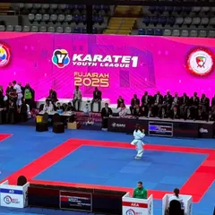 A view of the competition floor at the WKF Karate 1 Youth League in Fujairah, UAE. Our participation in such prestigious international events shows our commitment to providing world-class opportunities for our students.
