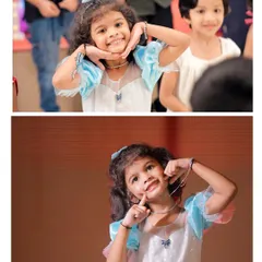 A collage of a 5-year-old birthday girl making cute and funny faces for the camera.