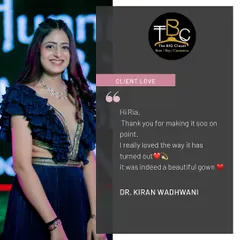 Seeing my clients happy is the best part of my job. Dr. Kiran looked absolutely beautiful in her custom-made midnight blue ruffle gown, which was designed to be the perfect statement piece for a cocktail party.