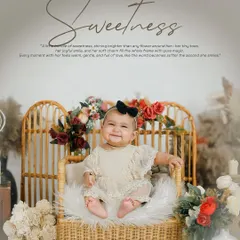 A charming baby portrait with a text overlay describing her sweetness. The vintage style wicker chair and soft fur rug make for a cozy and classic shot.