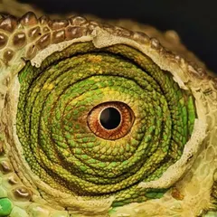 A macro shot of the Malagasy Giant Chameleon's eye. The intricate, swirling pattern of scales around the eye is a universe of texture and detail.