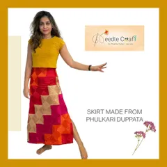 Even a dupatta can be the star of a new outfit. This client's old Phulkari dupatta had beautiful embroidery that we wanted to showcase, so I redesigned it into this vibrant, modern skirt with a side slit.