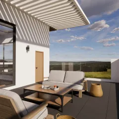 A render of the private terrace for the 'Snow Villa'. This outdoor seating area is designed with a pergola for partial shade, offering a comfortable spot to enjoy the panoramic views and the pleasant local climate.
