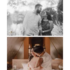 A collage of intimate moments, from a gentle gaze in black and white to a warm embrace indoors. This shows the variety we aim for in a pre-wedding shoot, capturing both grand scenes and quiet, personal connections.