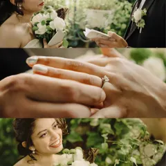 A collage detailing the emotional moments of an elopement. It shows the bride listening to vows, the exchange of the ring, and her joyful reaction, telling the core story of their commitment.