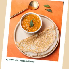 From our June menu, this is our Appam with Veg Chettinad. It's a wholesome, hearty, and nourishing South Indian dish that we've made clean and healthy for you.