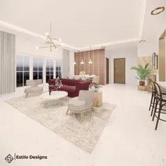 This living room is designed for a bright and airy feel, with a pop of color from the maroon sofa. I used a large area rug to define the seating space and modern, minimalist furniture to create an atmosphere of understated luxury.