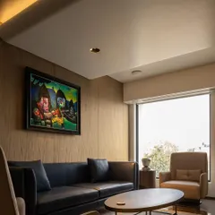 The personal office for the apex management features an upscale material palette including wood paneling and leather furniture. The space is curated with fine art to reflect the cultural inclinations of the promoters.