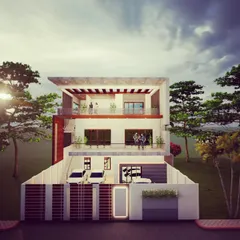 An elevation design concept for a luxury villa. This render highlights spacious, open-air terraces and large glass windows, blurring the line between indoor and outdoor living while maintaining a clean, contemporary aesthetic.