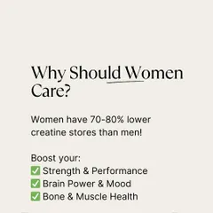 Why should women care about creatine? Women naturally have 70-80% lower creatine stores than men. Supplementing can significantly boost your strength, brain power, mood, and bone health.