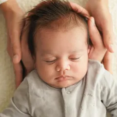 A peaceful portrait of a sleeping newborn, with their head framed by a parent's hands. The focus is on the baby's serene expression in their comfortable home environment.