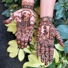 Celebrate festivals like Karwachauth with a design that tells your love story. This henna art features a romantic portrait of a couple in a traditional embrace on one palm, and a depiction of the Karwa ritual on the other, blending personal figures with festive symbolism.