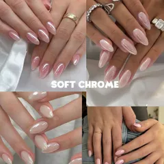 Soft chrome is perfect for an elegant, 'clean girl' aesthetic. This collage shows various examples of this trend, featuring a pearlescent, light-reflecting finish on beautifully shaped nude and pink nails.
