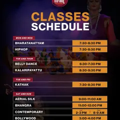 Our comprehensive class schedule shows the variety of options available, including specific timings for our kids' classes like Bollywood and semi-classical.