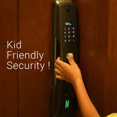 Security should be simple and safe for everyone, including children. This image captures the essence of my kid-friendly approach, where a child can securely access the home using their fingerprint on the smart lock.