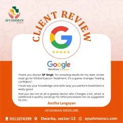 This Google review from a happy client, Aastha, thanks me for the amazing results on her dark circles. She highlights my knowledge, skill, and fair pricing as reasons she feels confident and will return for more procedures.
