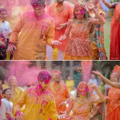 The pure joy of a Haldi celebration, with the couple dancing amidst a shower of pink color and flower petals.