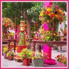 Details from our Rajasthani Mela theme, including traditional props and bright, festive floral arrangements that capture the essence of Rajasthan.