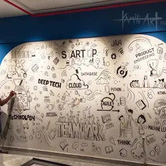 Here you can see me adding the final touches to the doodle art mural for a software company. This style is perfect for corporate spaces, allowing for a high level of customization to reflect the company's specific services and values.