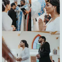 A collage of a solemn South Indian Christian wedding ceremony, capturing the blessings, prayers, and sacred rituals inside the church.