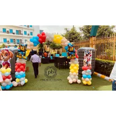 A wide view of our Paw Patrol party entrance arch. The colorful balloon arch, flanked by character standees, creates an exciting welcome for all the little guests arriving for the celebration.