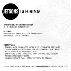 Jetsons in Mumbai is hiring architects, interior designers, and interns, clearly listing essential software skills and a requirement to bring your own laptop.