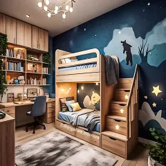 This children's bedroom is a perfect example of our approach to combining playfulness and practicality. We designed a custom bunk bed with integrated staircase drawers for safe climbing and smart storage, alongside a dedicated study area.