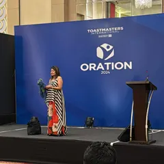 On stage at 'Oration 2024', a Toastmasters District 41 event in Gurgaon. I use my puppets as a unique tool to make keynote speeches on leadership and communication more memorable and entertaining.
