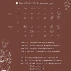 Here's our monthly calendar to help you keep track of all the workshops and classes happening at the studio. Registrations are always open!