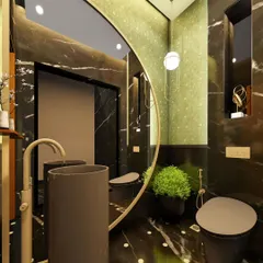 For this powder washroom, we combined exquisite Panda marble with a Sabyasachi wallpaper collection to create a bold and elegant statement. The design features a freestanding pedestal sink and a large, curved mirror, giving the compact space a unique and welcoming identity.