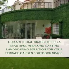 Our artificial grass provides a long-lasting and beautiful landscaping solution. Here you can see it used to create a green facade on a building, showcasing its versatility for both horizontal and vertical applications.