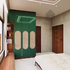 A bedroom render featuring a bold green wardrobe with cane webbing details, paired with a window seat for a cozy reading spot.