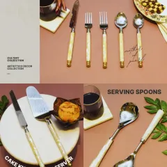 A collage showcasing my popular mother-of-pearl cutlery collection. This includes a five-piece flatware set, cake servers, and serving spoons, all featuring elegant, handcrafted handles.