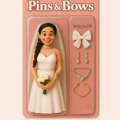 Our AI-generated toy concept for "The Pretty Bride." This beautiful set includes a bride doll with all the essential wedding accessories: a delicate tiara, sparkling earrings, a statement necklace, and a bracelet.
