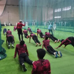 Our U-19 and U-23 players during a Power Yoga session. These exercises are crucial for developing flexibility, core strength, and mental focus.