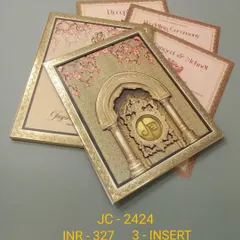 This luxurious invitation features a deep, 3D-carved archway with a custom monogram, set in a gold frame. The card and its three inserts have a rich, textured feel, perfect for a grand celebration.