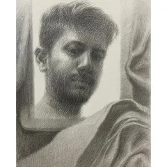 A self-portrait in pencil on paper. This is a study in light and shadow, using the texture of the paper and the drapery of the cloth to create a sense of form and rhythm.