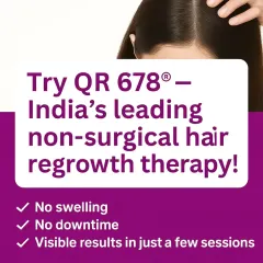 This graphic explains the benefits of QR 678, one of India's leading non-surgical hair regrowth therapies. I use this treatment to achieve visible results with no downtime or swelling, making it a convenient and effective option for many of my clients.