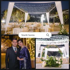 A collage from the starlit soirée, featuring the happy couple. The design focused on creating a warm, informal atmosphere with glowing lights and cozy cabanas instead of a formal stage.