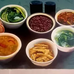 A hyper-realistic mural created for a restaurant, depicting an assortment of side dishes in small bowls. This type of artwork is designed to be visually appetizing and adds a unique decorative element to the dining space.